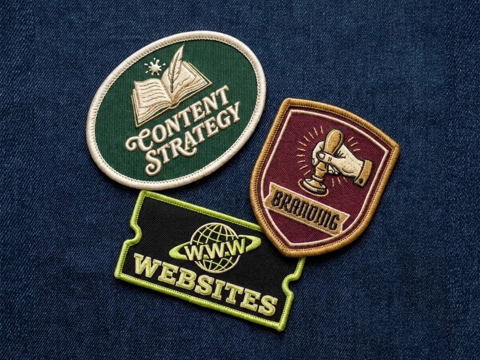 Gestickte Patches: Content Strategy, Branding, Websites — Mission-Patch-Stil auf Denim