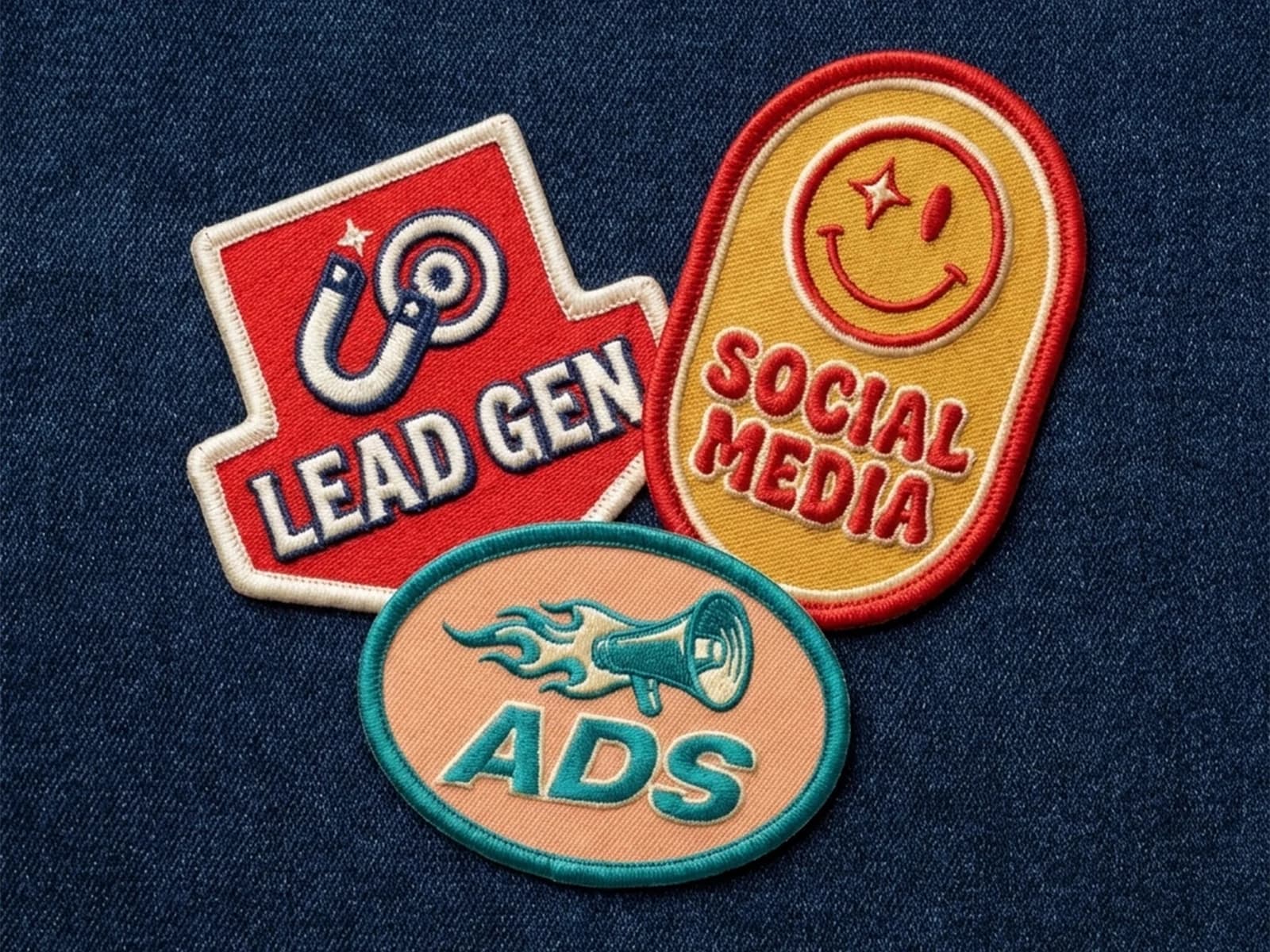 Gestickte Patches: Lead Gen, Social Media, Ads — Mission-Patch-Stil auf Denim
