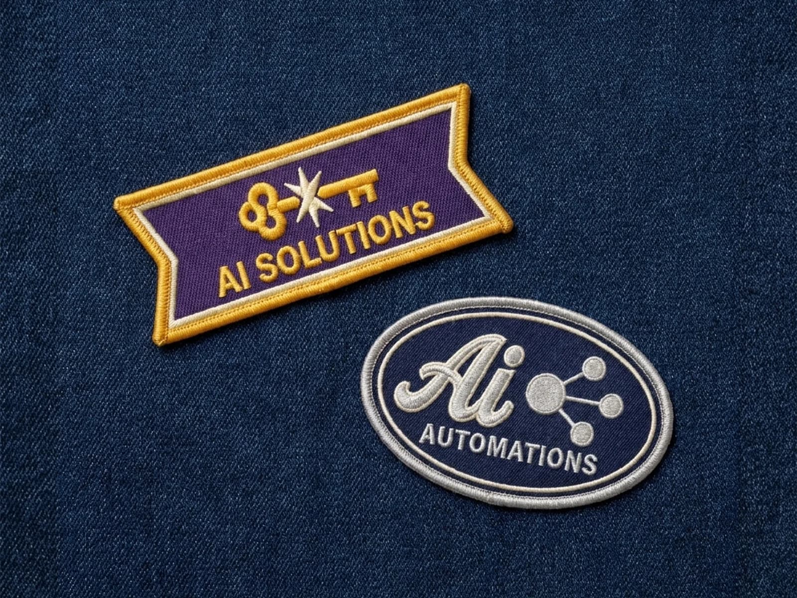 Gestickte Patches: AI Solutions, AI Automations — Mission-Patch-Stil auf Denim